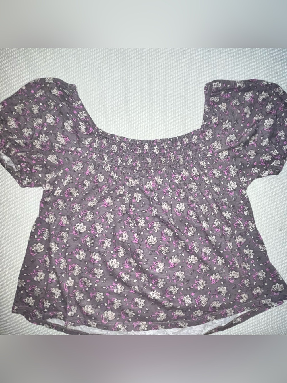 Lucky Brand Purple Floral Cottage Square Neck Printed Top Boho Sz Xs Puff Sleeve